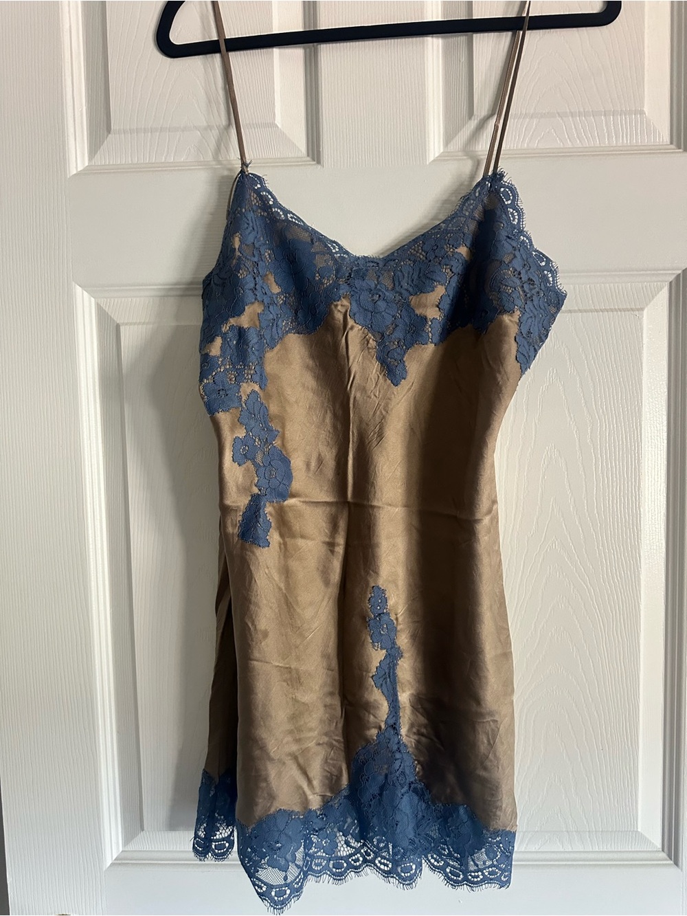 ViVI Taupe Slip Dress with Blue Lace Trim